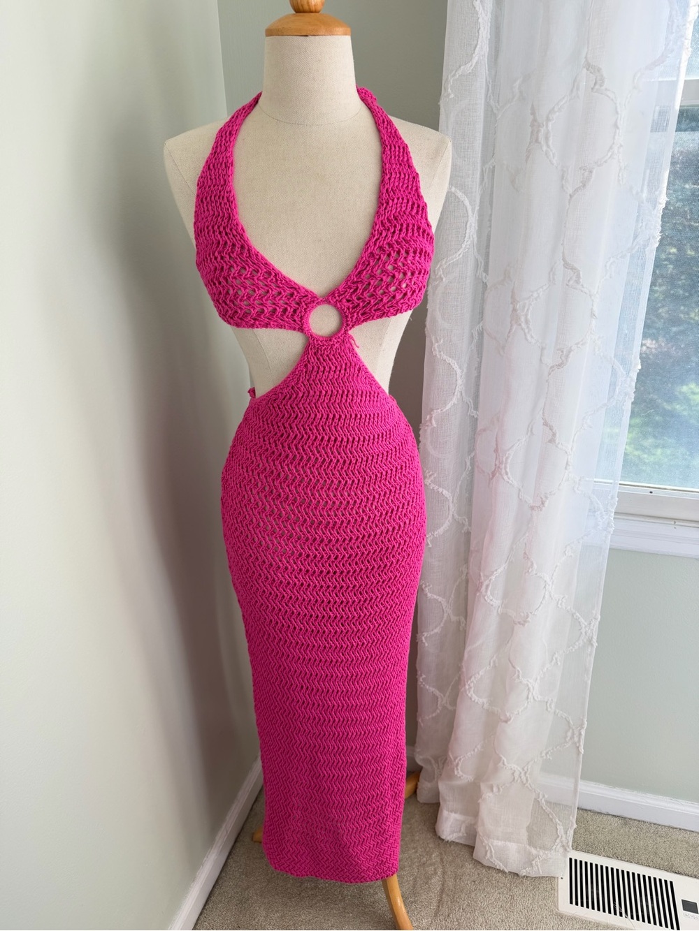 Hot Pink Crochet Knit Cutout Halter Maxi Dress Open Back Resort Vacation